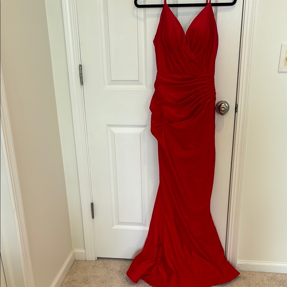 Bari Jay Elegant Red Evening Gown, Once Worn Cups Sewn In!
